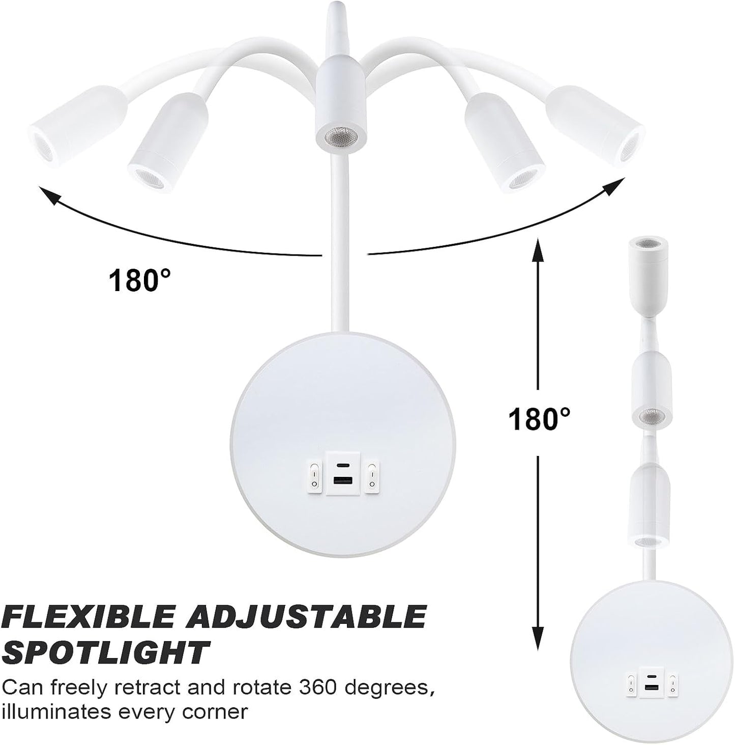 Kawell 9W LED Wall Sconce with USB & Type-C Ports 3W Wall Mounted Reading Light with Switch Hardwired Rotatable Spotlight Indoor for Bedroom Study Living Room, White(Warm White)