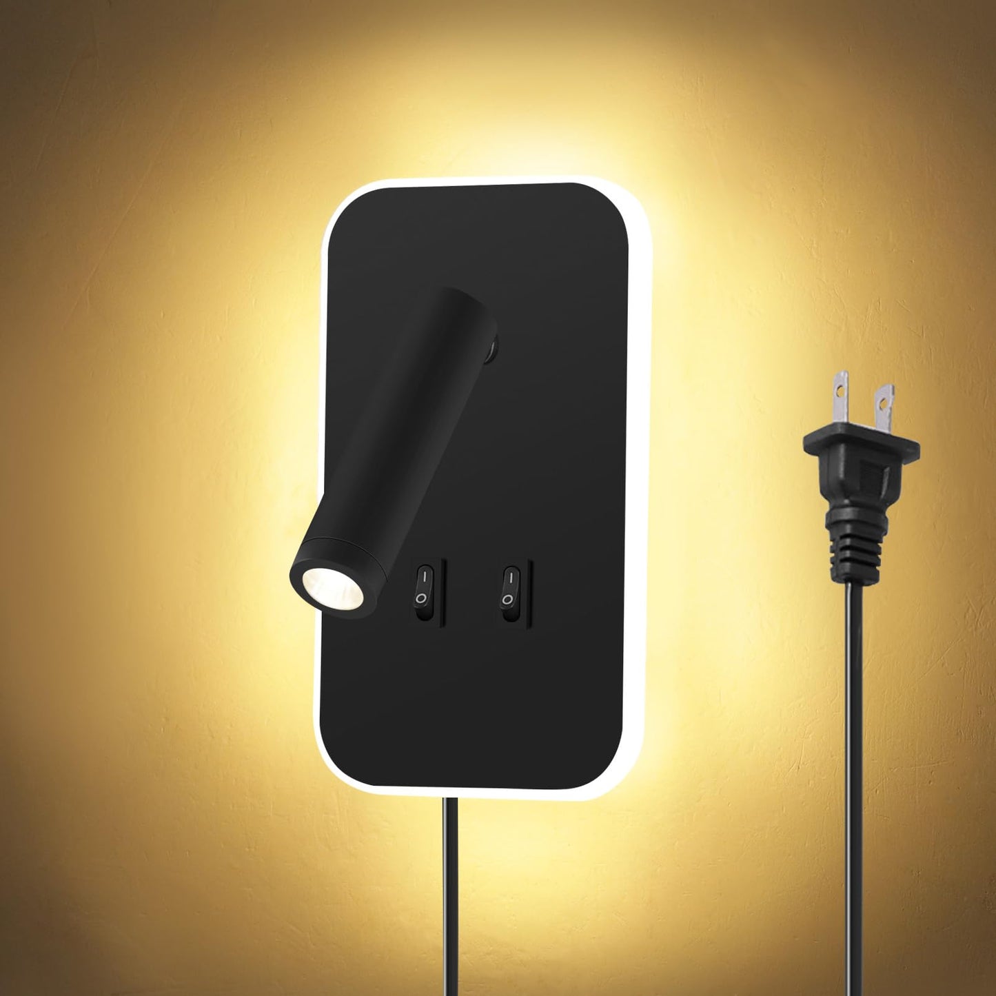 Kawell Modern 2 in 1 8W LED Wall Sconces Indoor LED Wall Light with Switch 350 Swivel 3W LED Reading Wall Spotlight LED Wall Lamp for Bedroom Bedside Living Room Study Room, Black 3000K