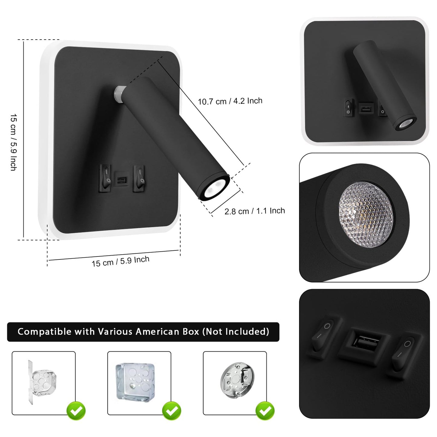 Kawell Indoor LED Wall Lamp with Switch Adjustable Bedside Wall Spotlight Modern LED Reading Wall Light with USB Charging Port for Bedroom Living Room Study Library, Black(Cold White)