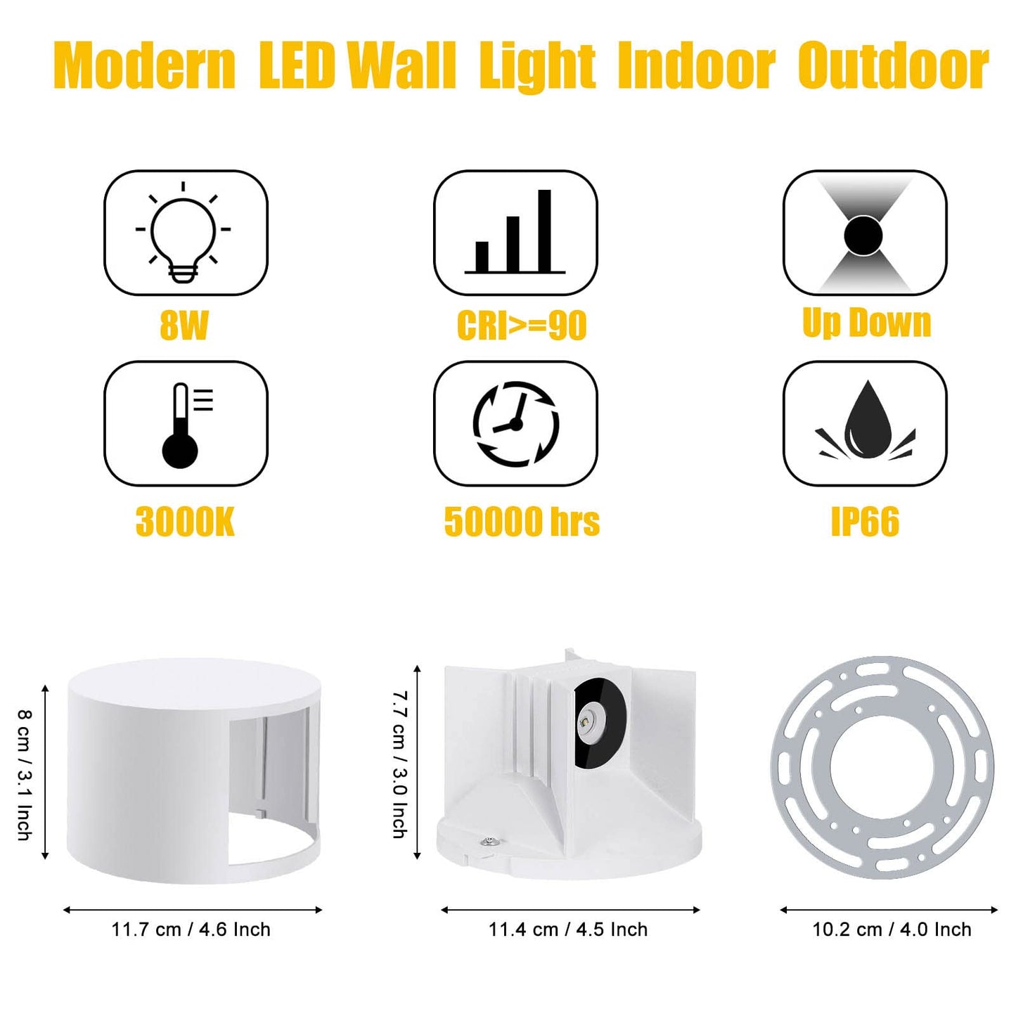 Kawell 8W LED Wall Light Up Down Modern LED Wall Sconce Light Waterproof LED Wall Lamp Indoor Outdoor for Bedroom Living Room Bathroom Hallway Stairs, White 3000K