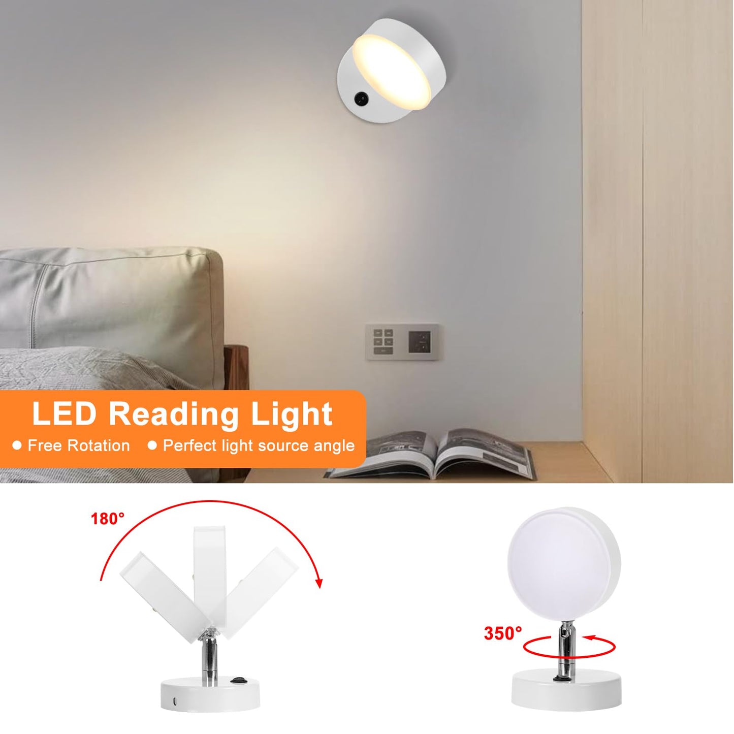 Kawell Modern LED Wall Light Sconce Indoor Rotatable Wall Light with Switch Nordic Style Wall Lamp Hardwired for Bedside, Study, Child Room, White