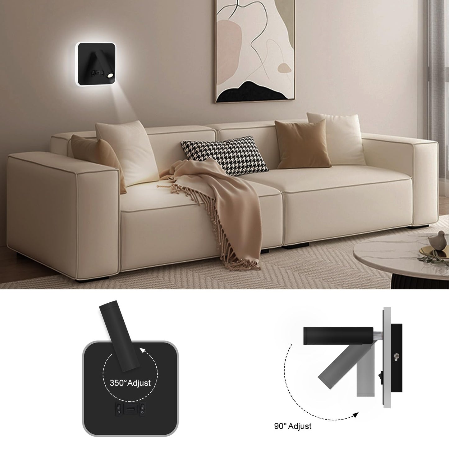 Kawell Indoor LED Wall Lamp with Switch Adjustable Bedside Wall Spotlight Modern LED Reading Wall Light with USB Charging Port for Bedroom Living Room Study Library, Black(Cold White)