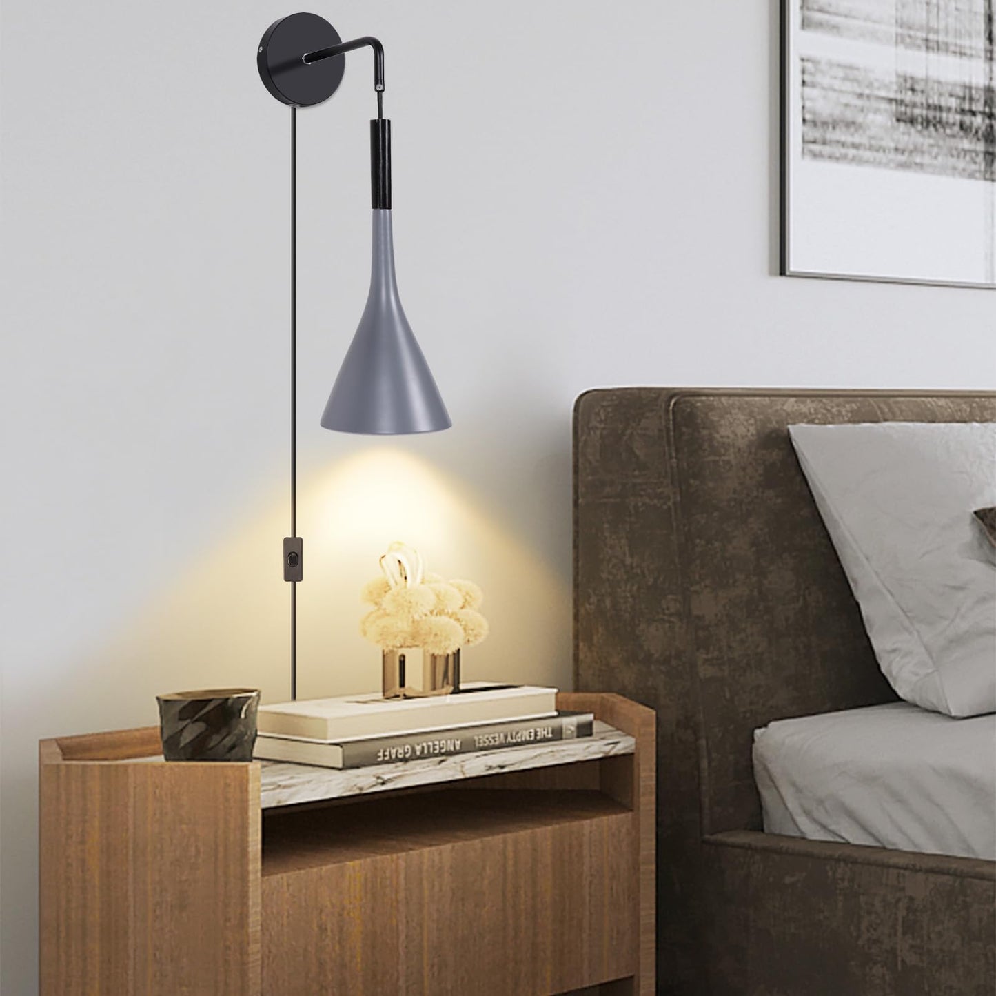 Kawell Plug in Wall Lamp with Cord Modern Hanging Wall Light Fixture Indoor Hardwired Wall Sconce Adjustable Hanging Height for Bedside Living Room Study, Grey