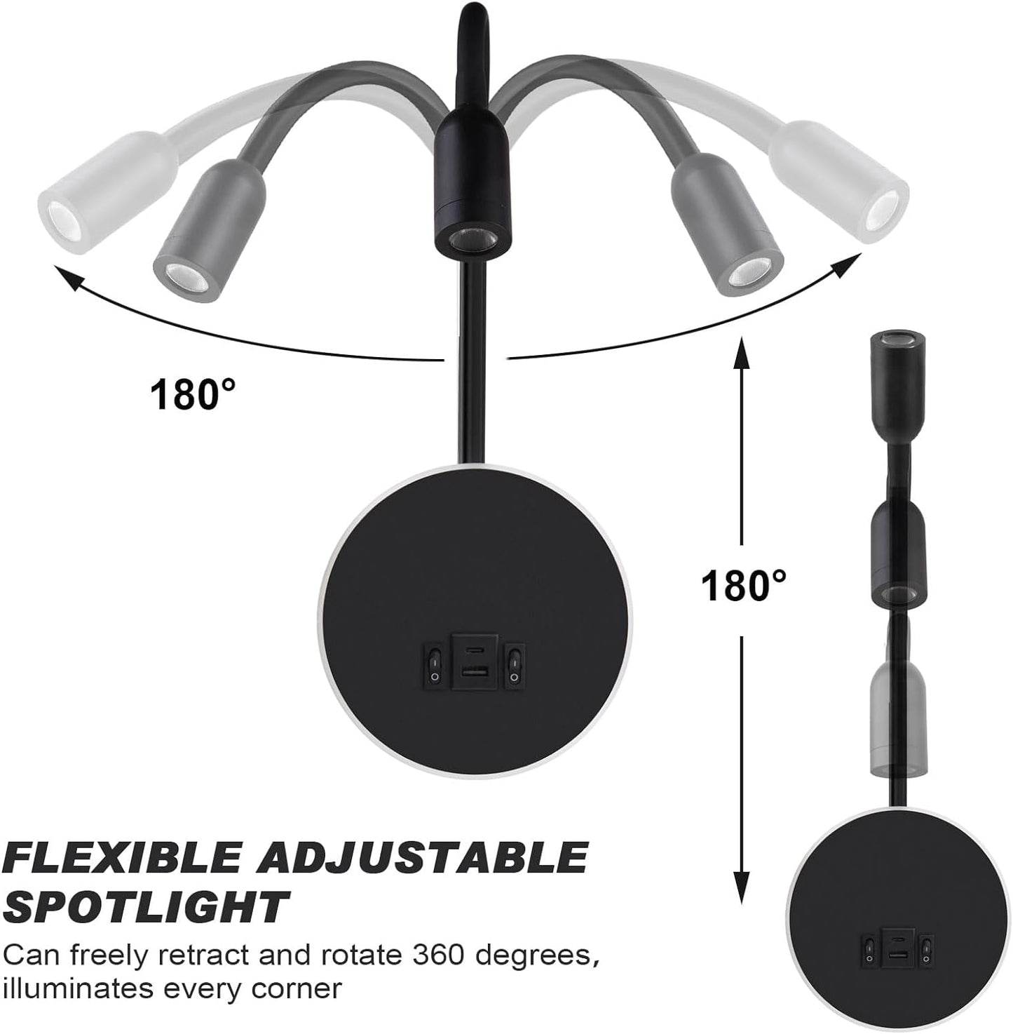 Kawell 9W LED Wall Sconce with USB & Type-C Ports 3W Wall Mounted Reading Light with Switch Hardwired Rotatable Spotlight Indoor for Bedroom Study Living Room, Black(Warm White)