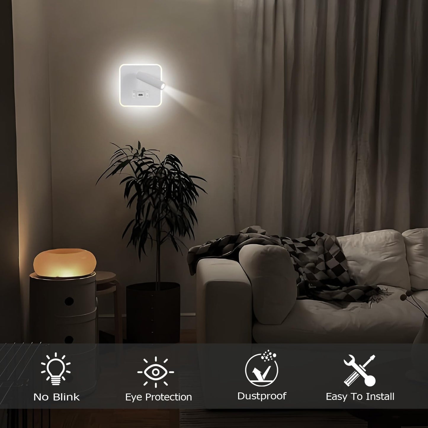 Kawell Indoor LED Wall Lamp with Switch Adjustable Bedside Wall Spotlight Modern LED Reading Wall Light with USB Charging Port for Bedroom Living Room Study Library, White(Cold White)