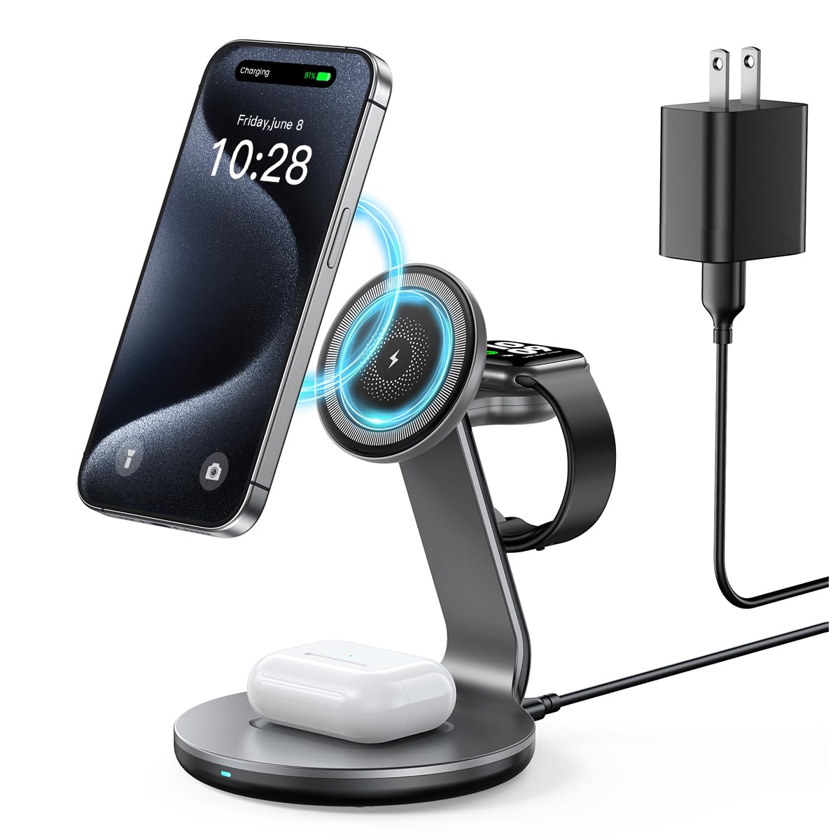 KAWELL 3 in 1 Charging Station Compatible with Magsafe Charger Wireless Charger Stand for iPhone 16 15 14 13 12 Series Wireless Charging Station for AirPods Wireless Charging Stand for iWatch Series