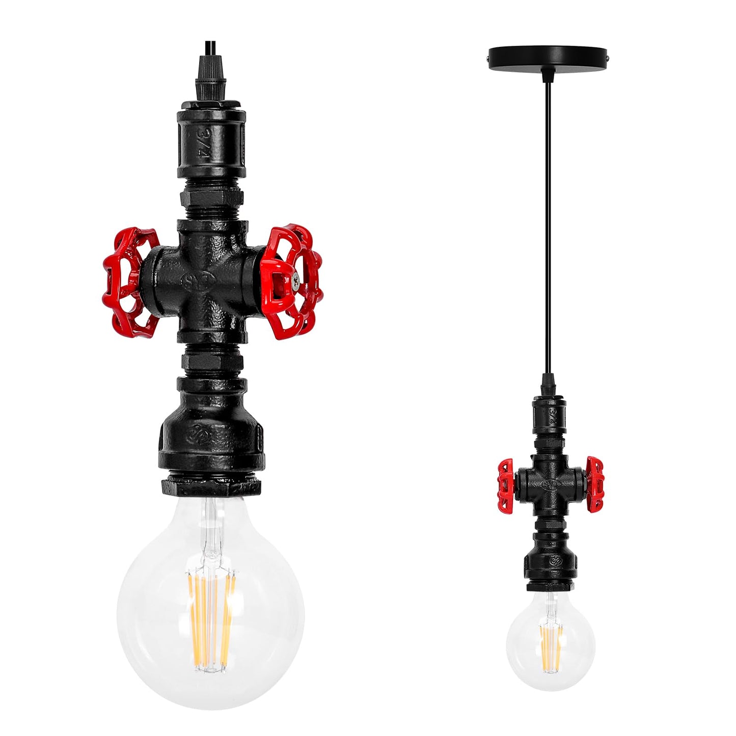Kawell Vintage Pendant Light Fixtures Industrial Retro Ceiling Chandelier Creative Water Pipe Hanging Light Fixtures Art Deco Iron E26 60W Max for Bedroom Cafe Bar Restaurant Kitchen, Black Color