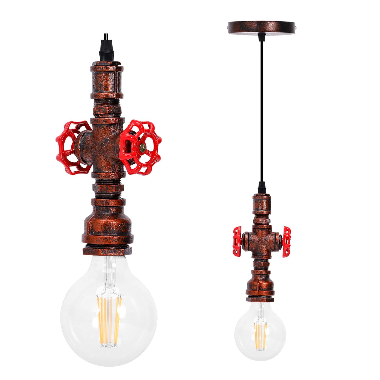 Kawell Vintage Pendant Light Fixtures Industrial Retro Ceiling Chandelier Creative Water Pipe Hanging Light Fixtures Art Deco Iron E26 60W Max for Bedroom Cafe Bar Restaurant Kitchen, Rust Color
