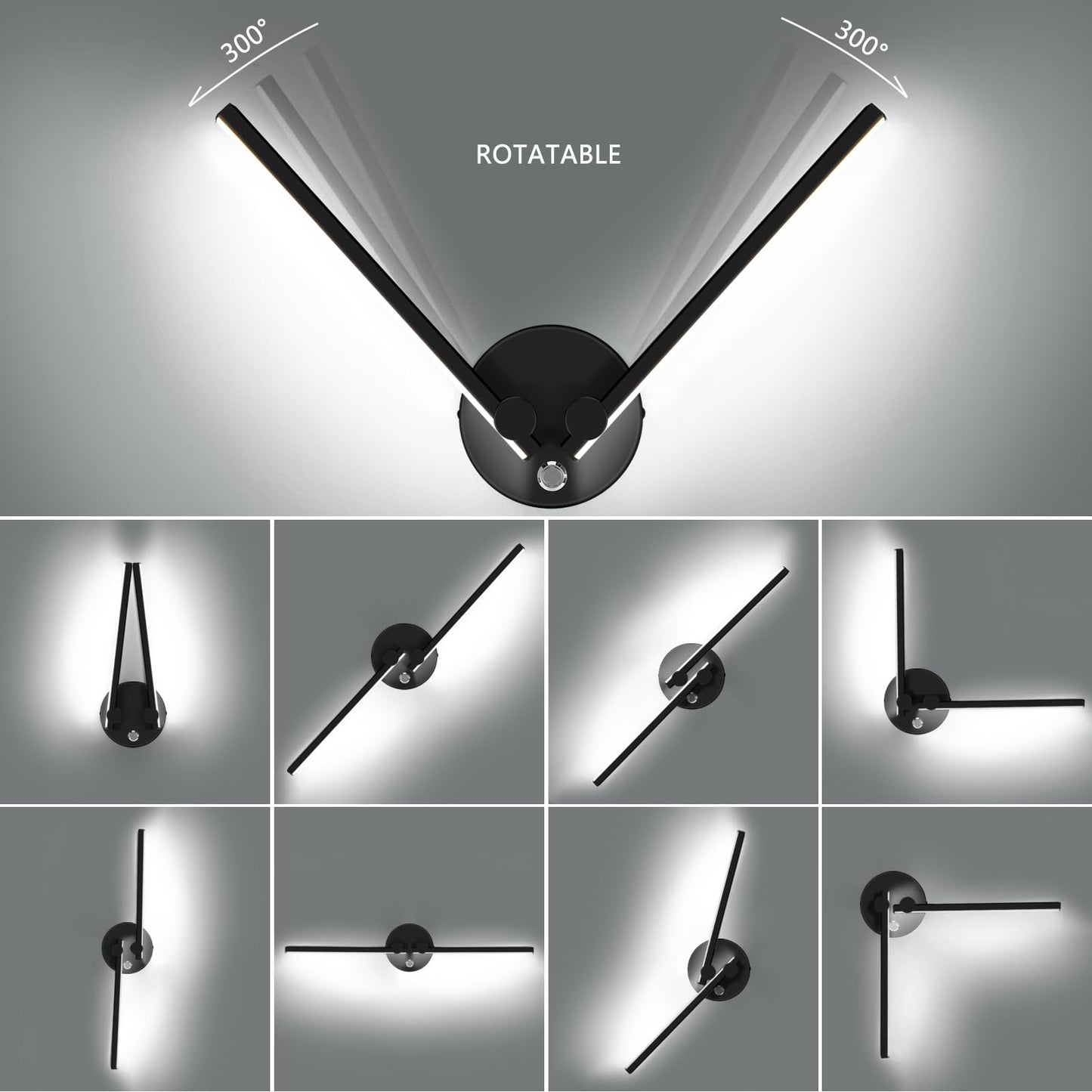 Kawell 10W Modern LED Wall Light with Switch Indoor LED Wall Sconce Hardwired LED Wall Lamp Bar with 300° Rotatable Lamp Arms for Living Room Background Wall Bedroom Hallway Aisle, Black 6000K