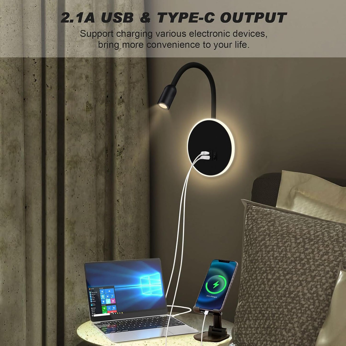Kawell 9W LED Wall Sconce with USB & Type-C Ports 3W Wall Mounted Reading Light with Switch Hardwired Rotatable Spotlight Indoor for Bedroom Study Living Room, Black(Warm White)