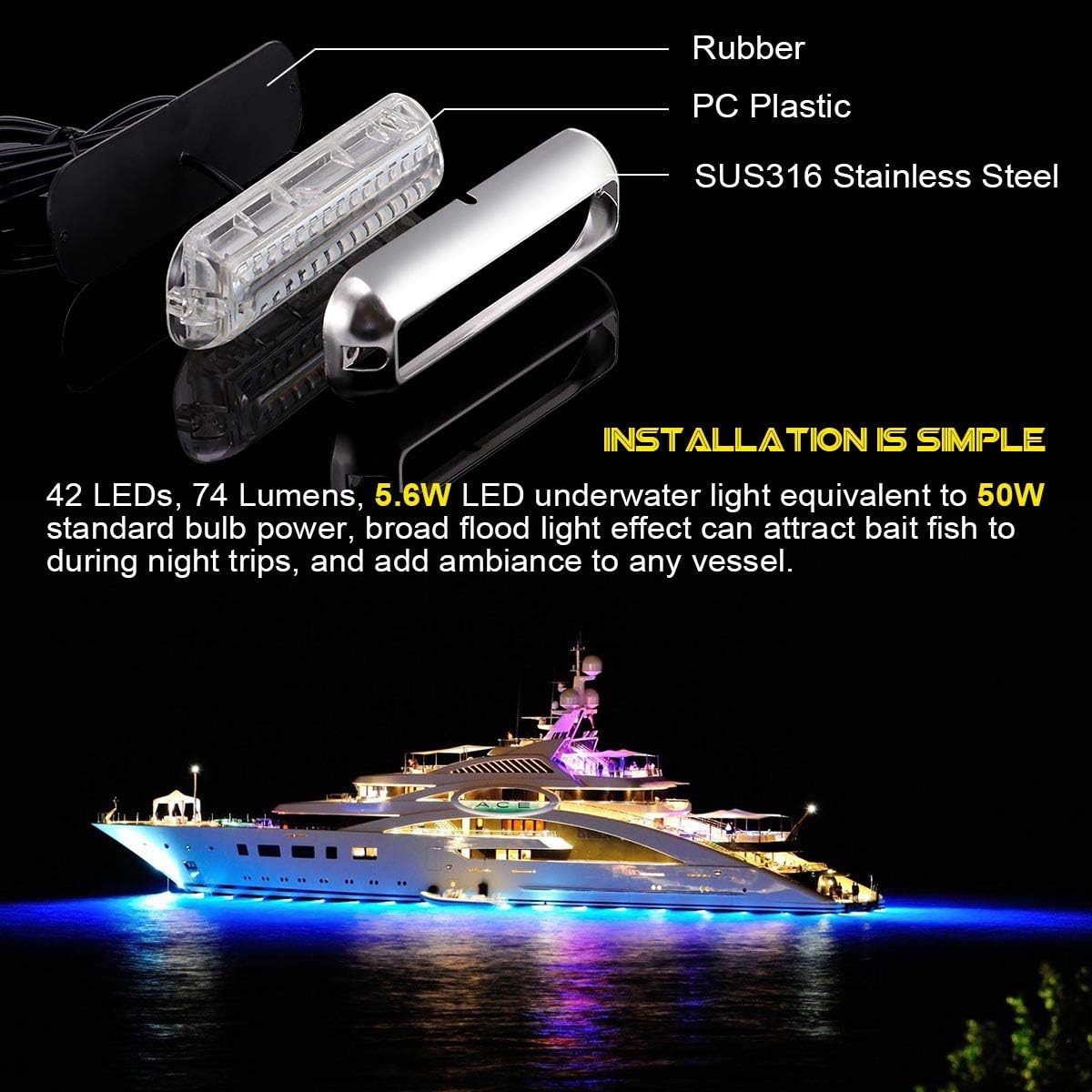 Kawell 42 LED Boat Lights Waterproof IP68 Stainless Steel Underwater Pontoon Marine Light Stern Boat Navigation Lights Drain Fish Boat Transom Lights(Blue)