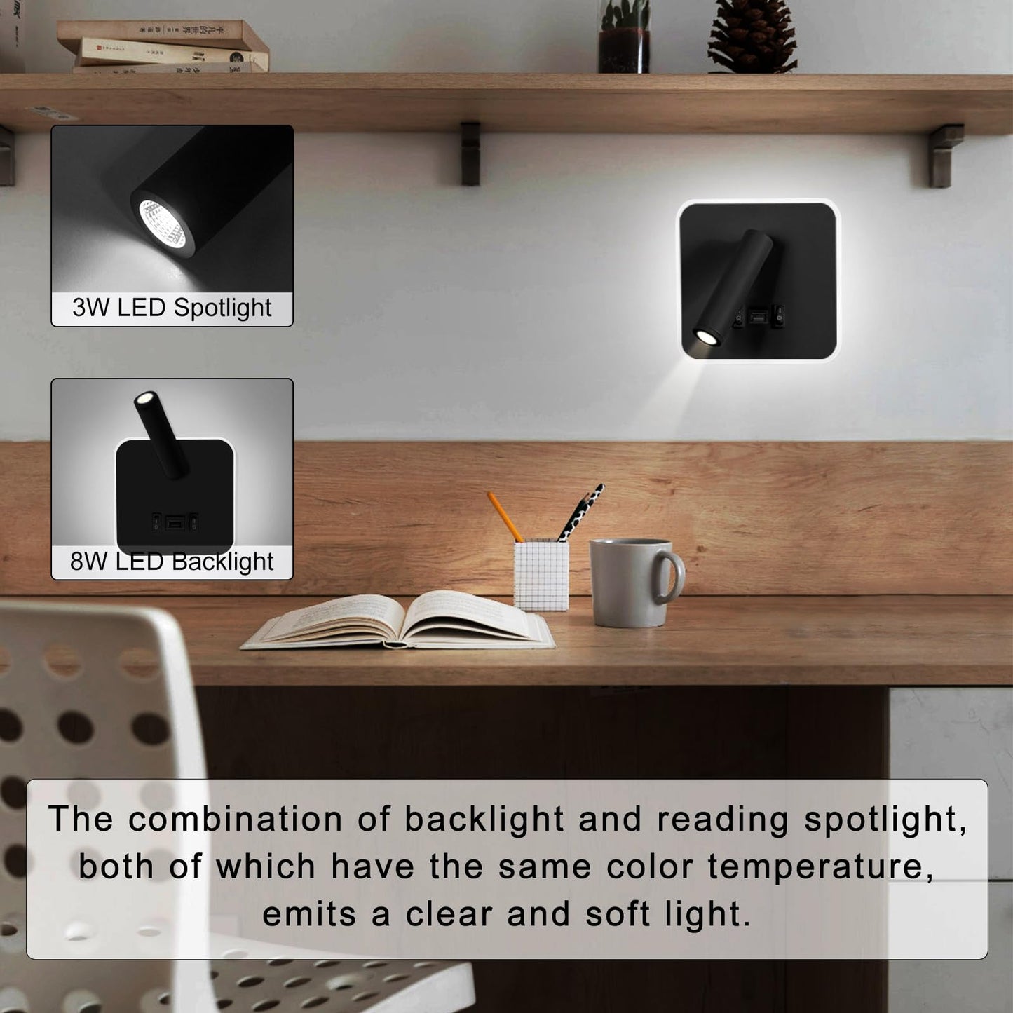 Kawell Indoor LED Wall Lamp with Switch Adjustable Bedside Wall Spotlight Modern LED Reading Wall Light with USB Charging Port for Bedroom Living Room Study Library, Black(Cold White)