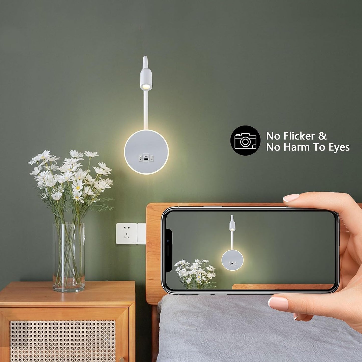 Kawell 9W LED Wall Sconce with USB & Type-C Ports 3W Wall Mounted Reading Light with Switch Hardwired Rotatable Spotlight Indoor for Bedroom Study Living Room, White(Warm White)