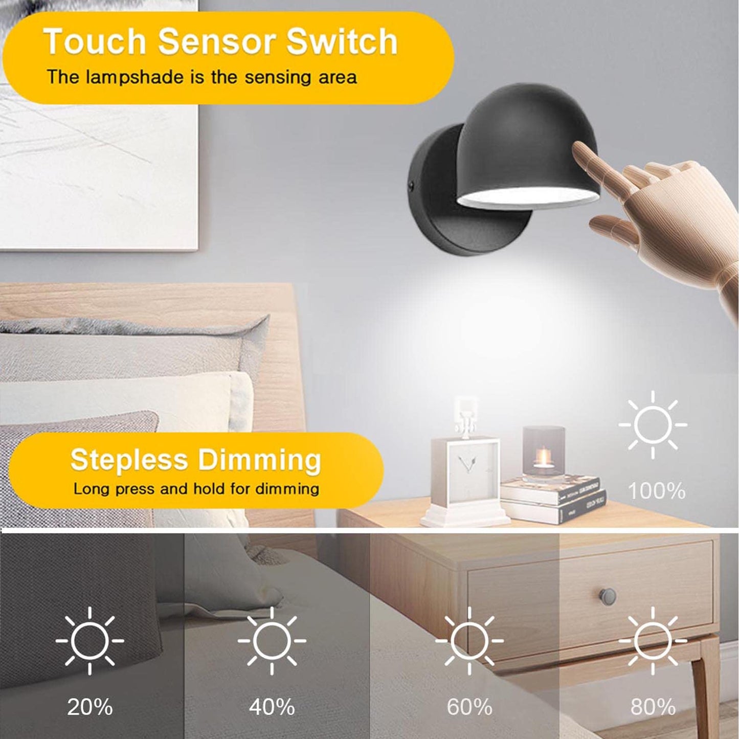 Kawell Touch Sensitive LED Wall Sconces Stepless Dimming LED Wall Light 350°Rotate LED Wall Lamp Modern Reading LED Wall Light Sconce Indoor for Bedroom Living Room Beside Stairs, Cold White