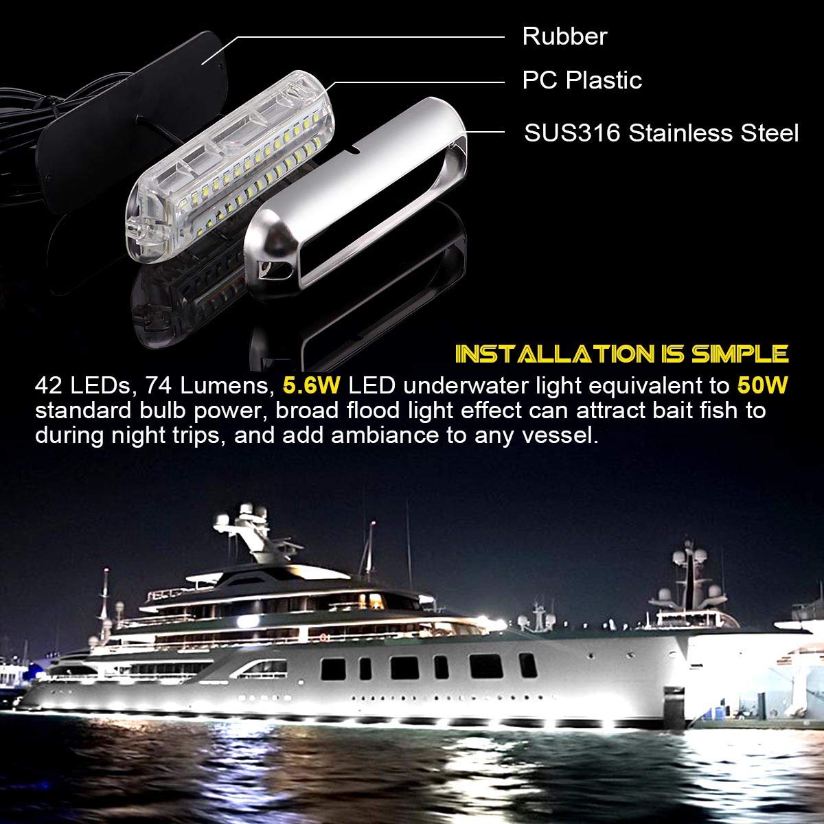 Kawell 42 LED Boat Lights Waterproof IP68 Stainless Steel Underwater Pontoon Marine Light Stern Boat Navigation Lights Drain Fish Boat Transom Lights(White 2pcs)