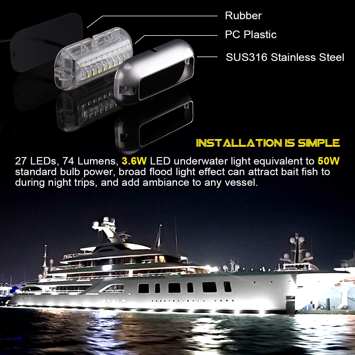 Kawell 27 LED LED Underwater Boat Yacht Lights Waterproof IP68 SUS316 Stainless Steel Pontoon Marine Transom Lights for Swiming Driving Fishing 2pcs White Lights
