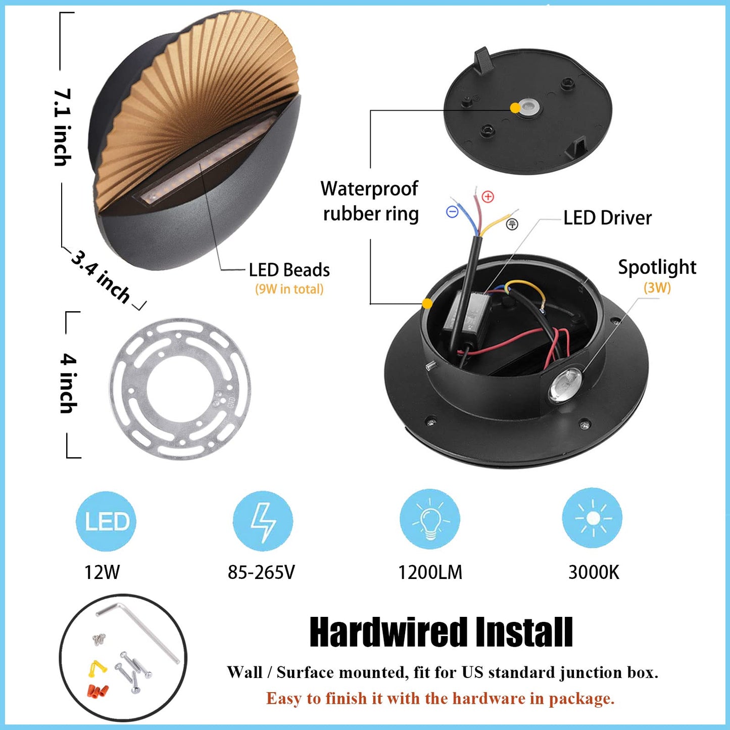 Kawell Modern Creative 12W LED Wall Sconce Waterproof Wall Light Indoor Outdoor Lamp Sunrise Effect Art Deco for Bedroom, Living Room, Bathroom, Cafe, Lounge, Corridor, Stairs, Black, 3000K