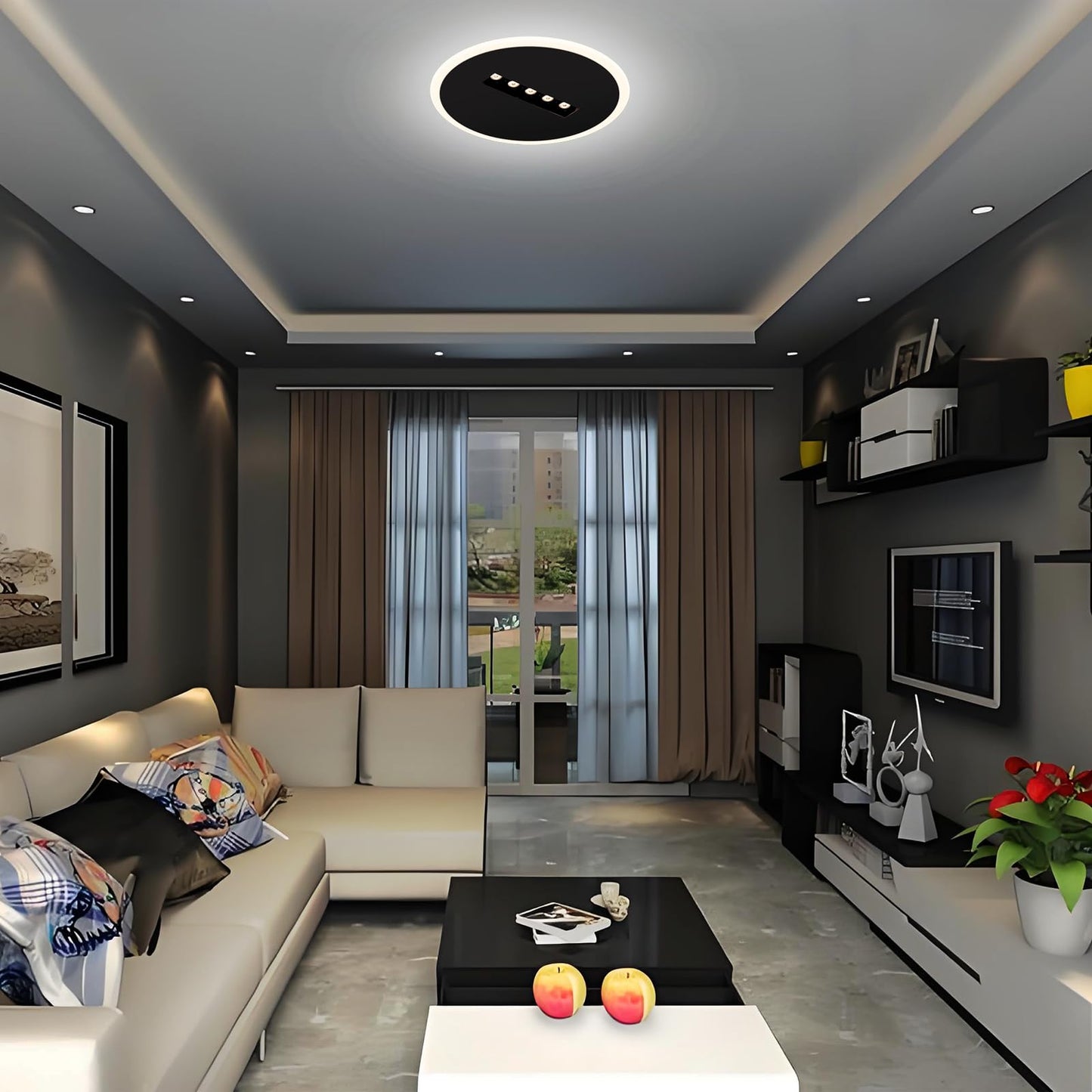Kawell Creative 13W Close to Ceiling Light with 5W Spotlight 9.4 Inch LED Ceiling Light Hardwired Acrylic LED Ceiling Lamp Indoor for Hallway Bedroom Study Living Room, Black(Cold White)