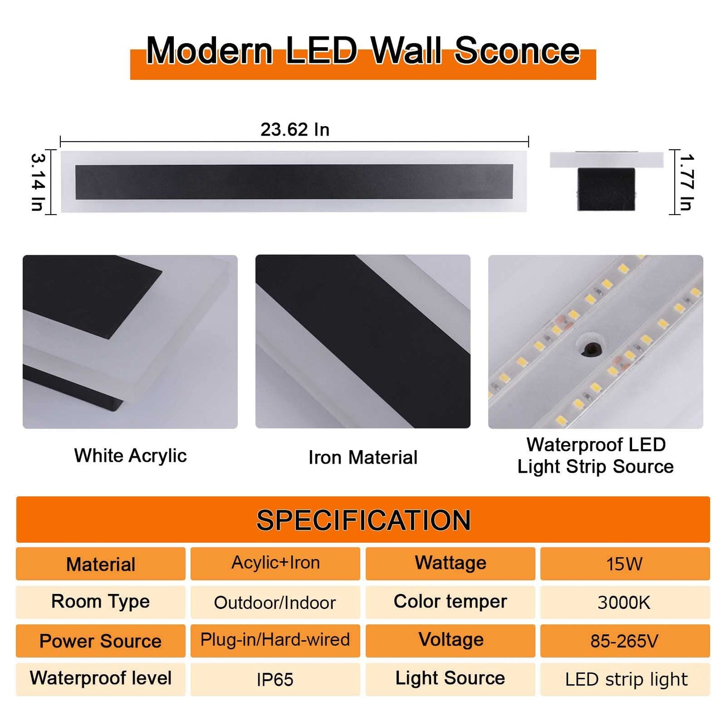 Kawell 15W Waterproof LED Wall Light with Plug in Cord Long Strip Acrylic LED Wall Lamp with Switch Indoor Outdoor for Porch Patio Garage Courtyard Exterior Wall Bedroom Living Room Hallway