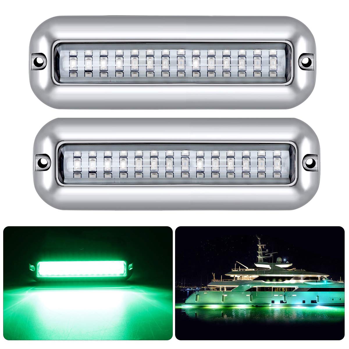 Kawell 42 LED Boat Lights Waterproof IP68 Stainless Steel Underwater Pontoon Marine Light Stern Boat Navigation Lights Drain Fish Boat Transom Lights(Green 2pcs)