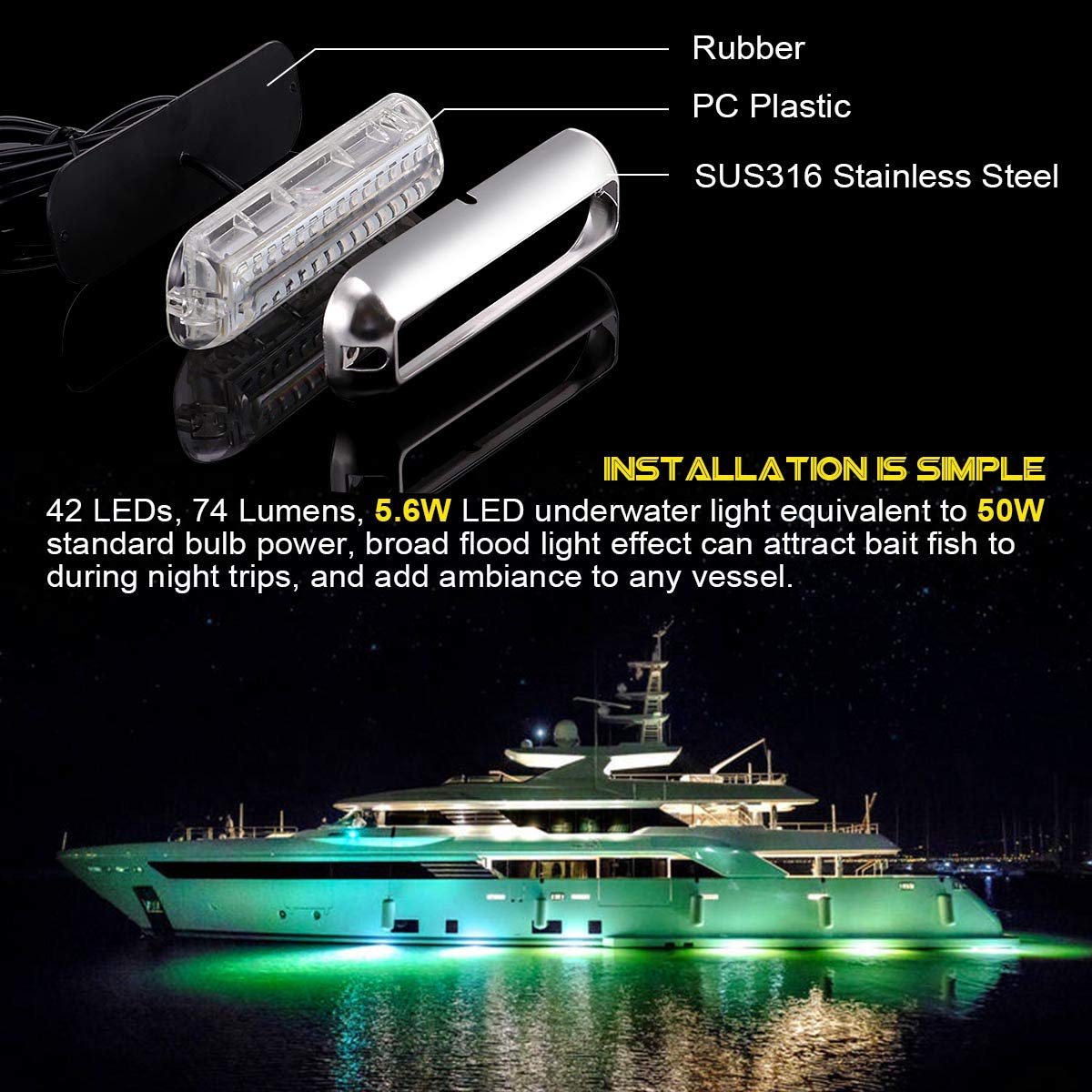 Kawell 42 LED Boat Lights Waterproof IP68 Stainless Steel Underwater Pontoon Marine Light Stern Boat Navigation Lights Drain Fish Boat Transom Lights(Green)