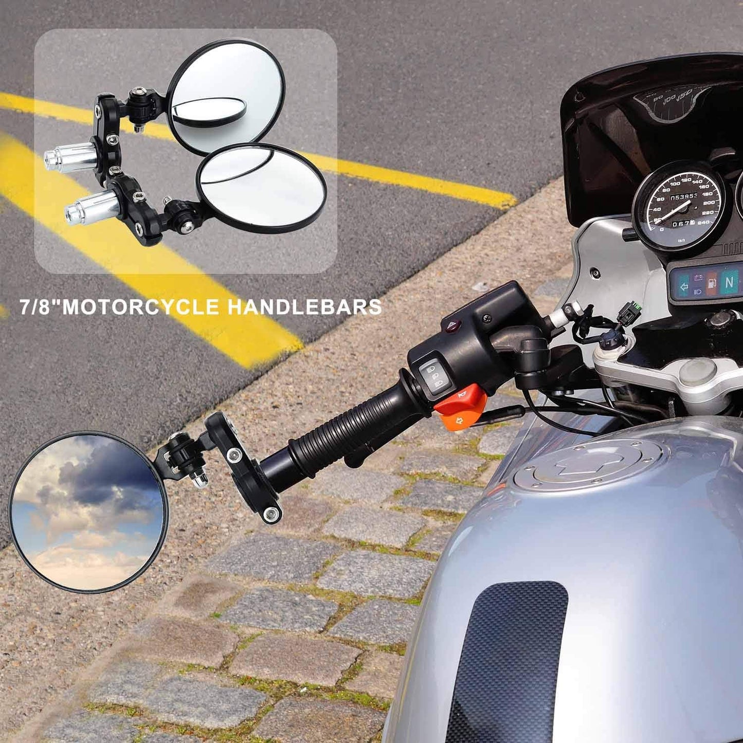 KAWELL Motorcycle Mirrors Round End Convex Rear View Side Mirror for 7/8" Handle Folding Bar fits Most Honda Scooter Harley Davidsons Suzuki Victory Yamaha and More