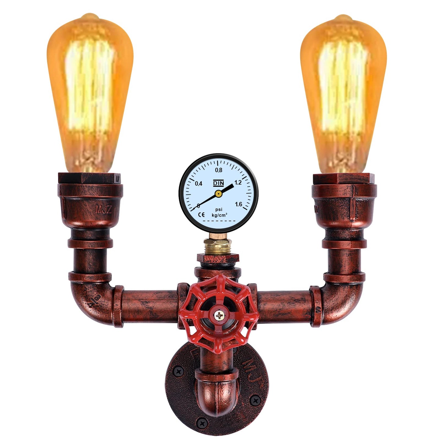 KAWELL Vintage Steampunk Wall Sconce 2-Light - Industrial Water Pipe Wall Lamp with Decorative Gauge, E26 Edison Bulb Fixture for Bar & Cafe