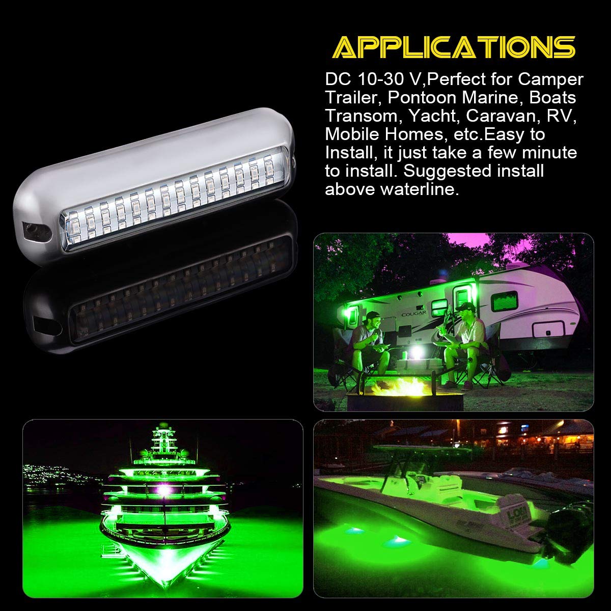 Kawell 42 LED Boat Lights Waterproof IP68 Stainless Steel Underwater Pontoon Marine Light Stern Boat Navigation Lights Drain Fish Boat Transom Lights(Green 2pcs)