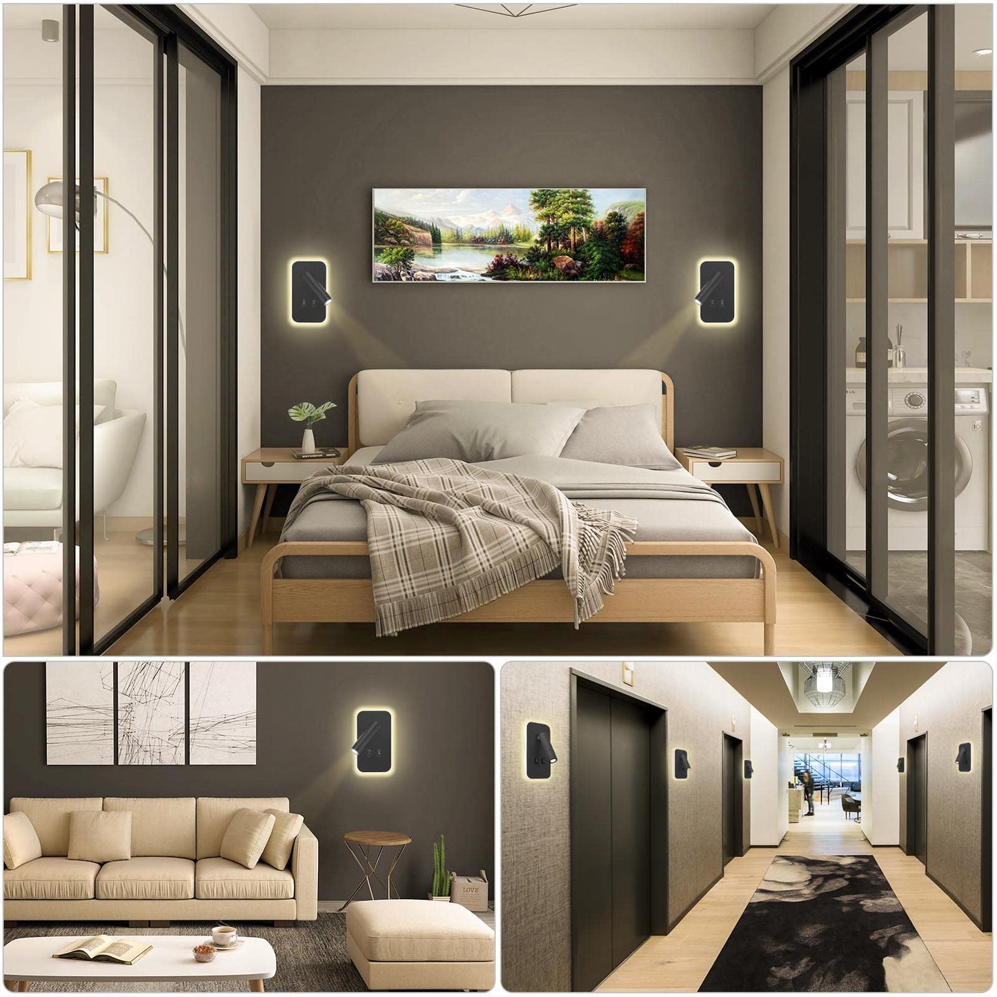 Kawell Modern 2 in 1 8W LED Wall Sconces Indoor LED Wall Light with Switch 350 Swivel 3W LED Reading Wall Spotlight LED Wall Lamp for Bedroom Bedside Living Room Study Room, Black 3000K