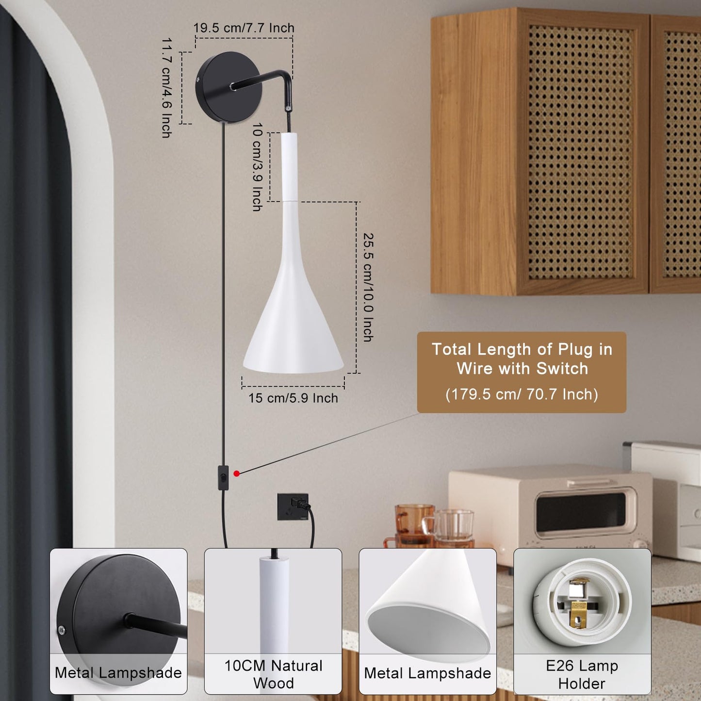 Kawell Plug in Wall Lamp with Cord Modern Hanging Wall Light Fixture Indoor Hardwired Wall Sconce Adjustable Hanging Height for Bedside Living Room Study, White