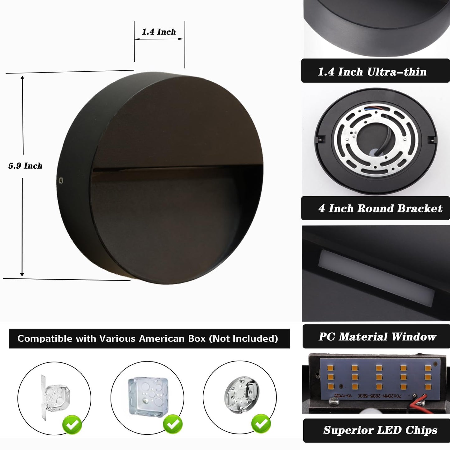Kawell Modern 6W LED Wall Sconce Round Waterproof LED Wall Light Hardwired Aluminum LED Wall Lamp Indoor for Porch Patio Hallway Stair, 3000K