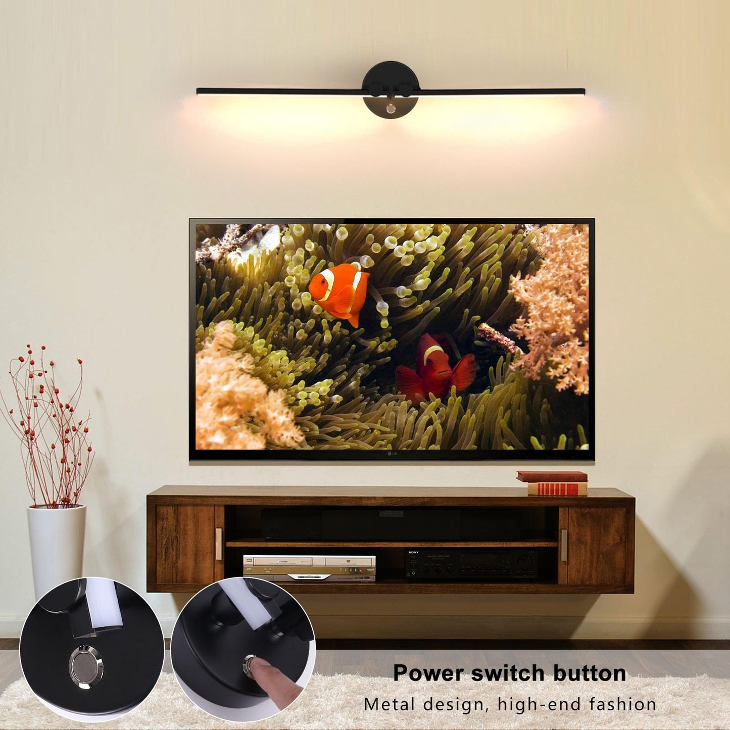 Kawell 12W Modern LED Wall Light with Switch Indoor LED Wall Sconce Hardwired LED Wall Lamp Bar with 300° Rotatable Lamp Arms for Living Room Background Wall Bedroom Hallway Aisle, Black 3000K
