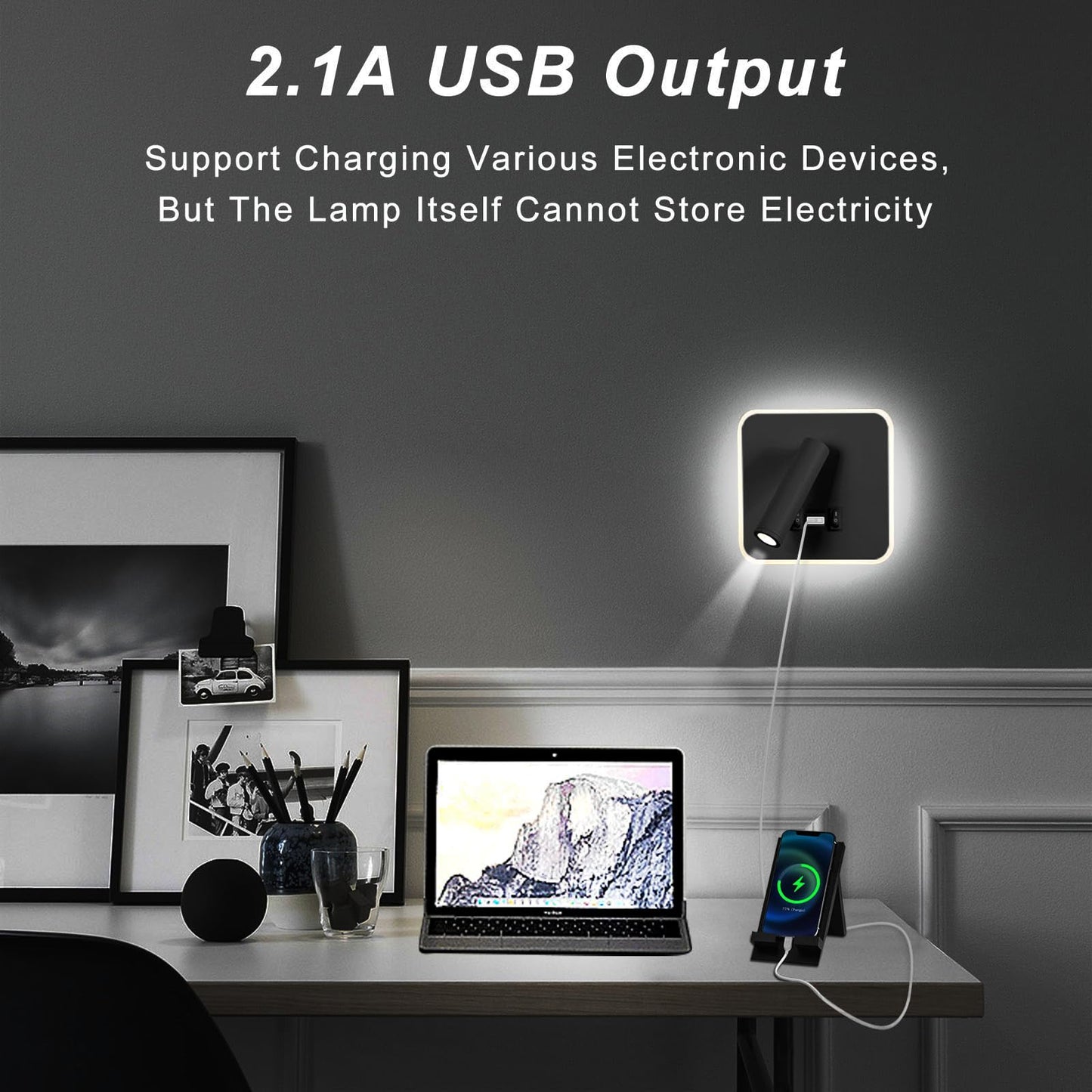 Kawell Indoor LED Wall Lamp with Switch Adjustable Bedside Wall Spotlight Modern LED Reading Wall Light with USB Charging Port for Bedroom Living Room Study Library, Black(Cold White)