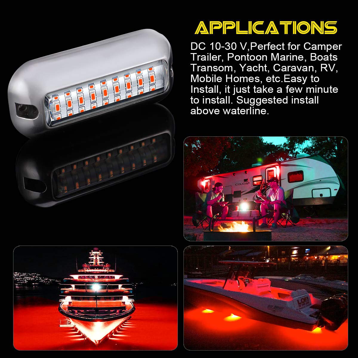 Kawell 27 LED LED Underwater Boat Yacht Lights Waterproof IP68 SUS316 Stainless Steel Pontoon Marine Transom Lights for Swiming Driving Fishing 2pcs Red Lights