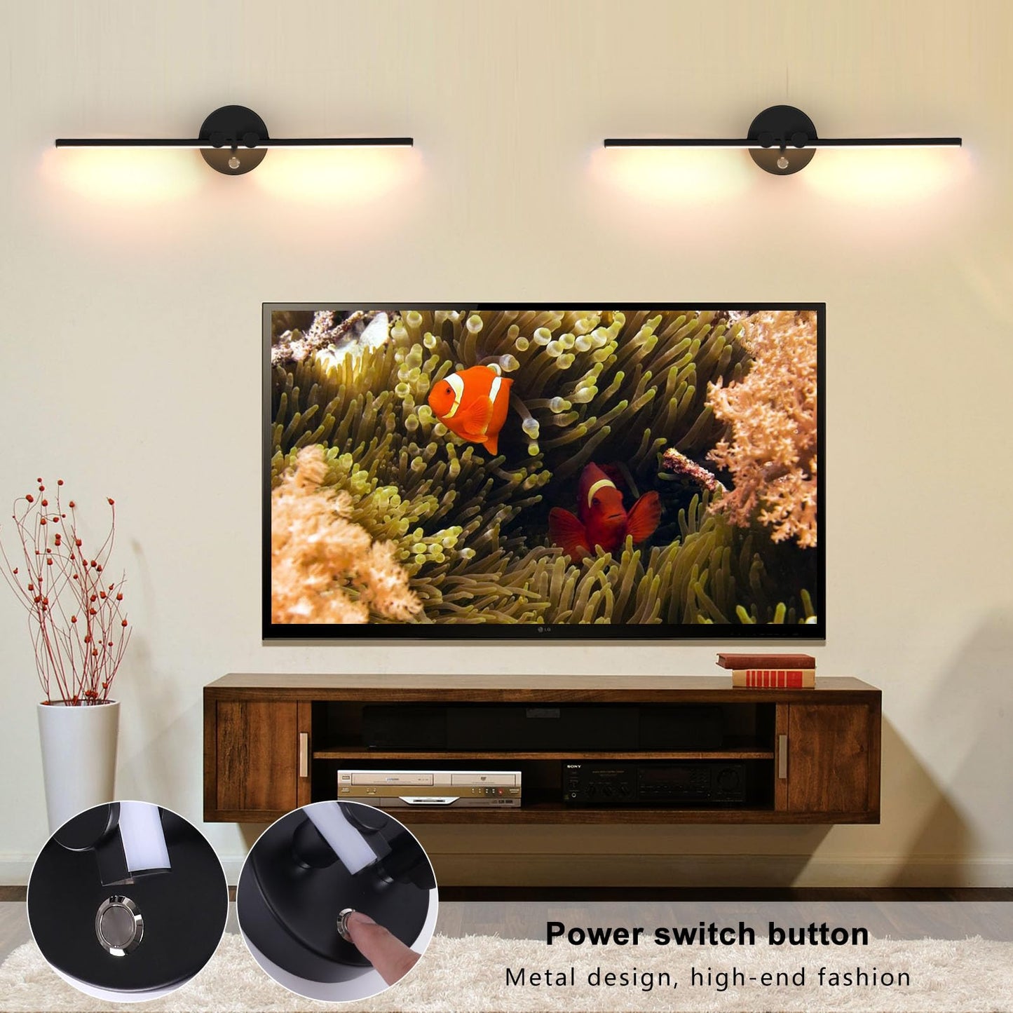 Kawell 10W Modern LED Wall Light with Switch Indoor LED Wall Sconce Hardwired LED Wall Lamp Bar with 300° Rotatable Lamp Arms for Living Room Background Wall Bedroom Hallway Aisle, Black 3000K