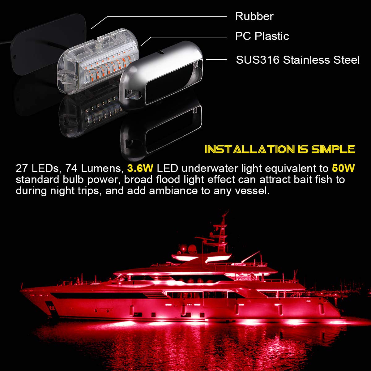 Kawell 27 LED LED Underwater Boat Yacht Lights Waterproof IP68 SUS316 Stainless Steel Pontoon Marine Transom Lights for Swiming Driving Fishing 2pcs Red Lights
