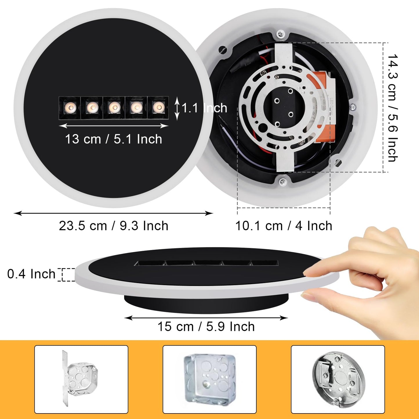 Kawell Creative 13W Close to Ceiling Light with 5W Spotlight 9.4 Inch LED Ceiling Light Hardwired Acrylic LED Ceiling Lamp Indoor for Hallway Bedroom Study Living Room, Black(Cold White)