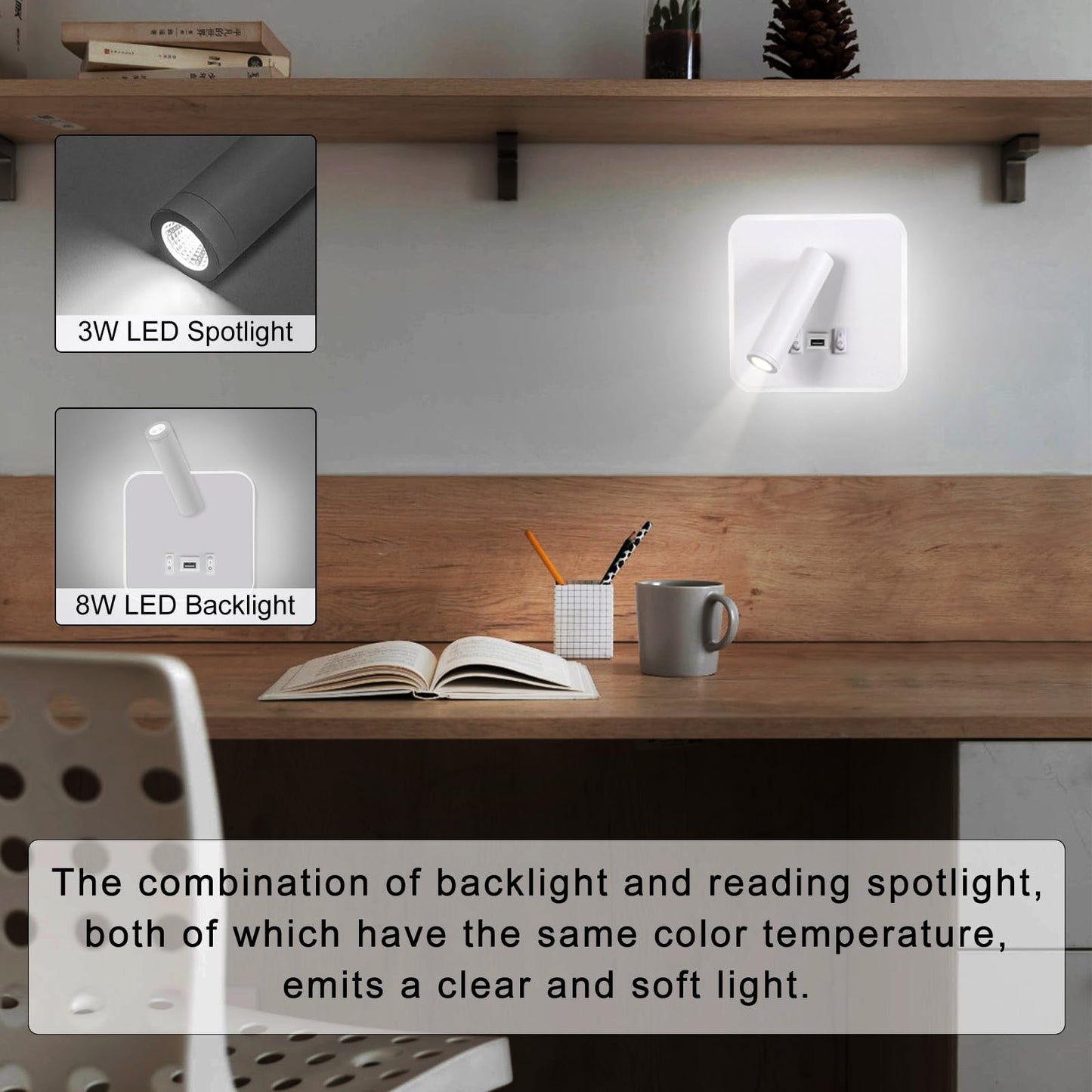 Kawell Indoor LED Wall Lamp with Switch Adjustable Bedside Wall Spotlight Modern LED Reading Wall Light with USB Charging Port for Bedroom Living Room Study Library, White(Cold White)