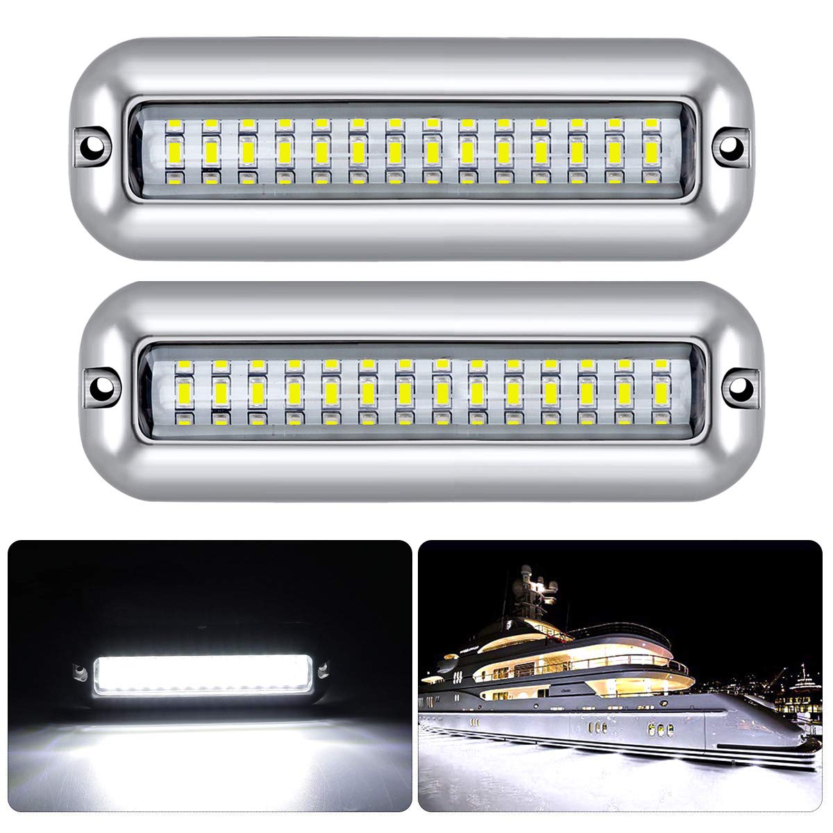 Kawell 42 LED Boat Lights Waterproof IP68 Stainless Steel Underwater Pontoon Marine Light Stern Boat Navigation Lights Drain Fish Boat Transom Lights(White 2pcs)