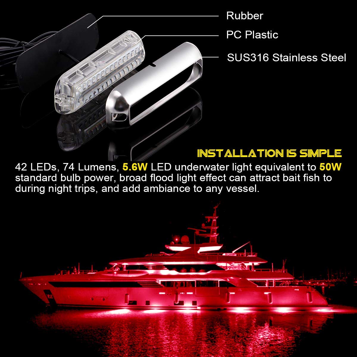 Kawell 42 LED Boat Lights Waterproof IP68 Stainless Steel Underwater Pontoon Marine Light Stern Boat Navigation Lights Drain Fish Boat Transom Lights(Red)