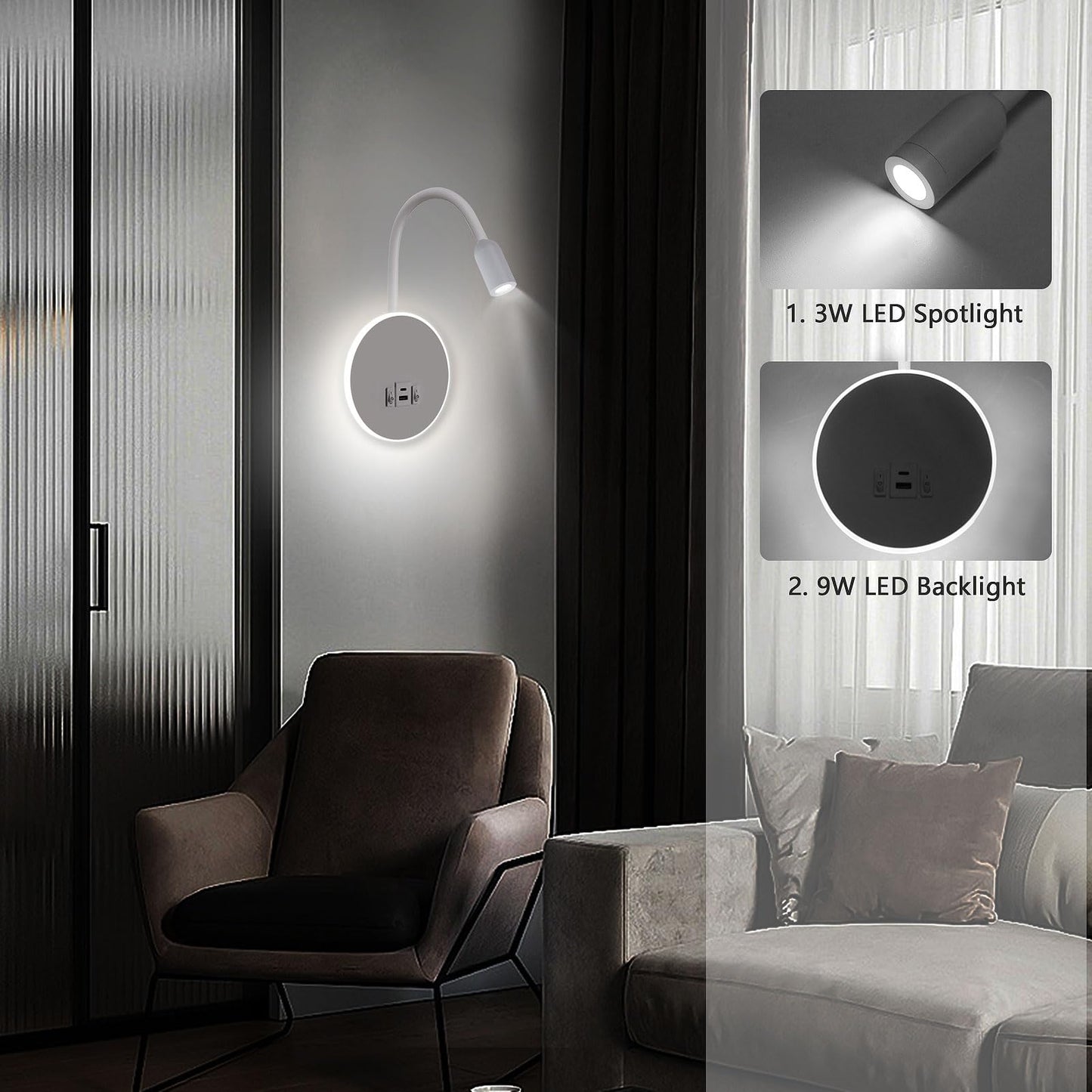 Kawell Modern LED Wall Sconce with Switch Swivel Bedside Reading Spotlight Hardwired 9W+3W LED Wall Light with USB & Type-C Ports Indoor for Bedroom Study Living Room, White