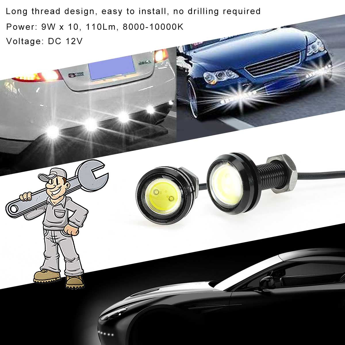 Kawell Universal 10 Pack High Power White 9W LED Eagle Eye Bumper DRL Fog Light Motorcycle Light Daytime Running Tail Backup Light Car Motor Clearance Marker Lights