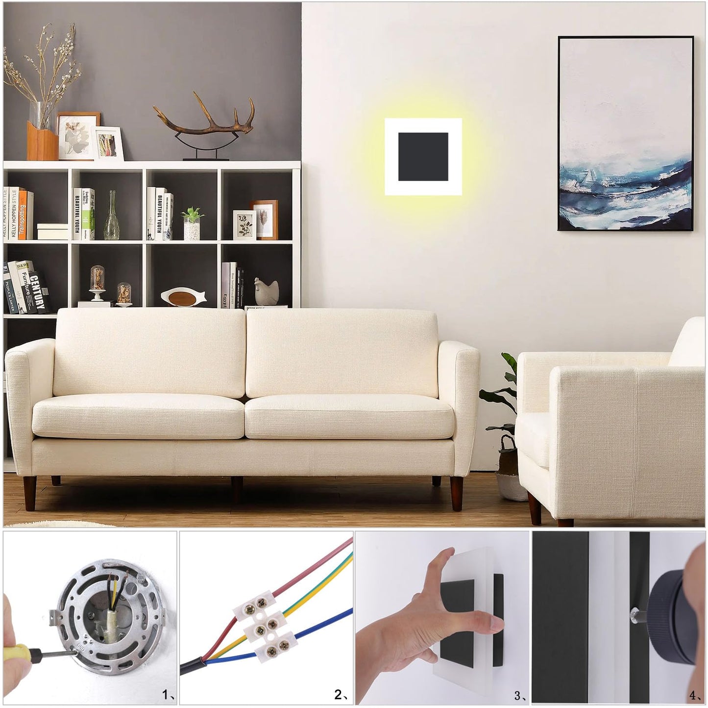 Kawell 10W Modern LED Wall Sconce Acrylic Indoor LED Wall Light Hardwired Black LED Wall Mount Wall Lamp Square for Bedroom Bedside Living Room Stair, 4500K