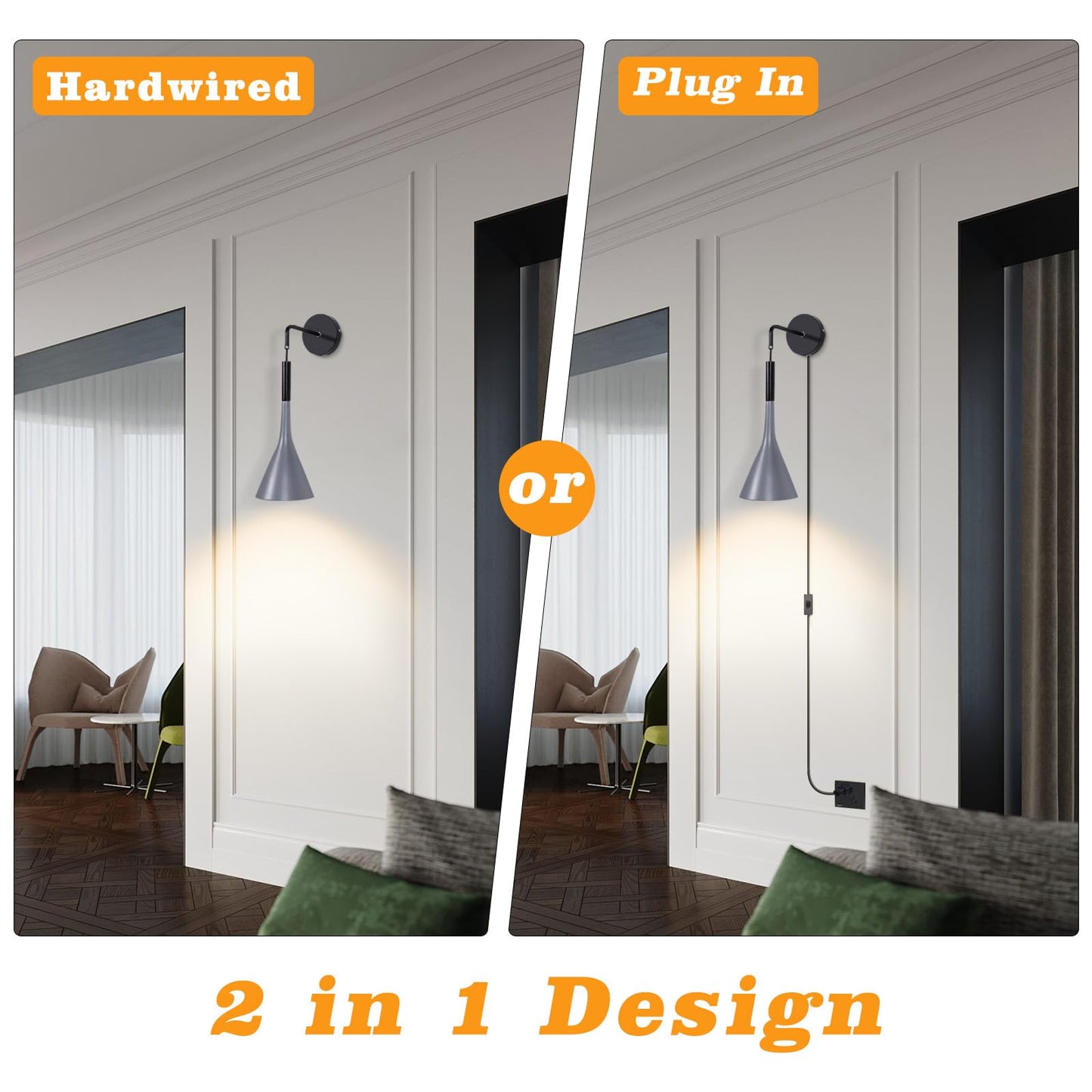 Kawell Plug in Wall Lamp with Cord Modern Hanging Wall Light Fixture Indoor Hardwired Wall Sconce Adjustable Hanging Height for Bedside Living Room Study, Grey