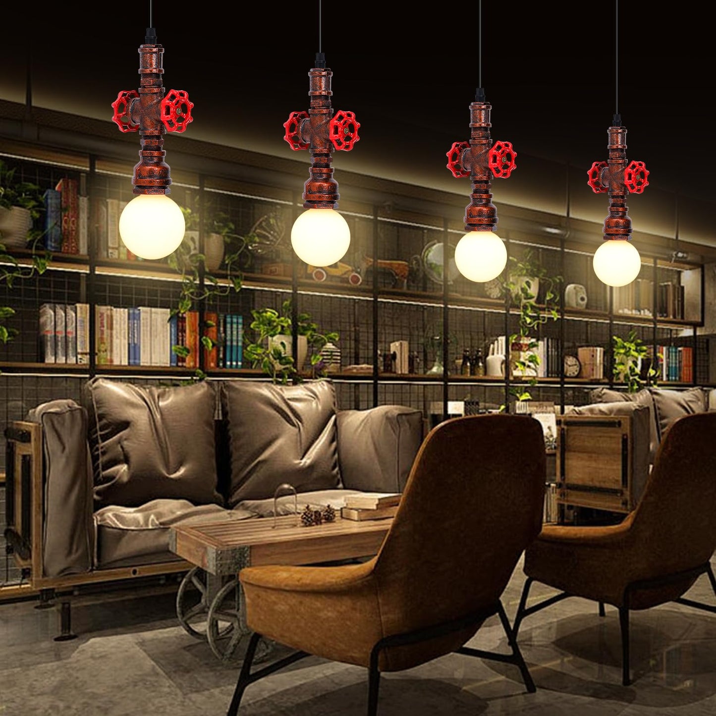 Kawell Vintage Pendant Light Fixtures Industrial Retro Ceiling Chandelier Creative Water Pipe Hanging Light Fixtures Art Deco Iron E26 60W Max for Bedroom Cafe Bar Restaurant Kitchen, Rust Color
