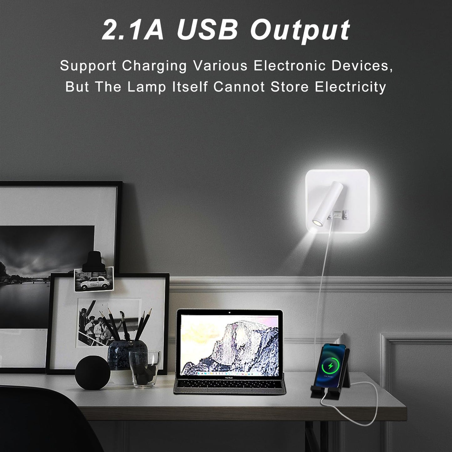 Kawell Indoor LED Wall Lamp with Switch Adjustable Bedside Wall Spotlight Modern LED Reading Wall Light with USB Charging Port for Bedroom Living Room Study Library, White(Cold White)