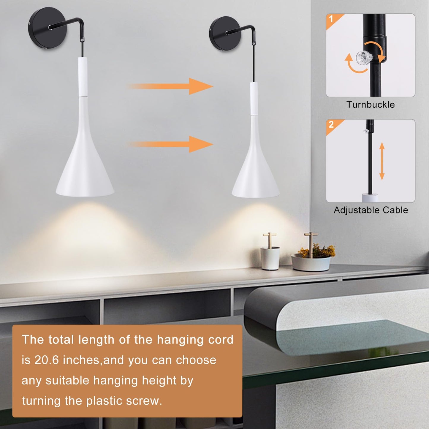 Kawell Plug in Wall Lamp with Cord Modern Hanging Wall Light Fixture Indoor Hardwired Wall Sconce Adjustable Hanging Height for Bedside Living Room Study, White