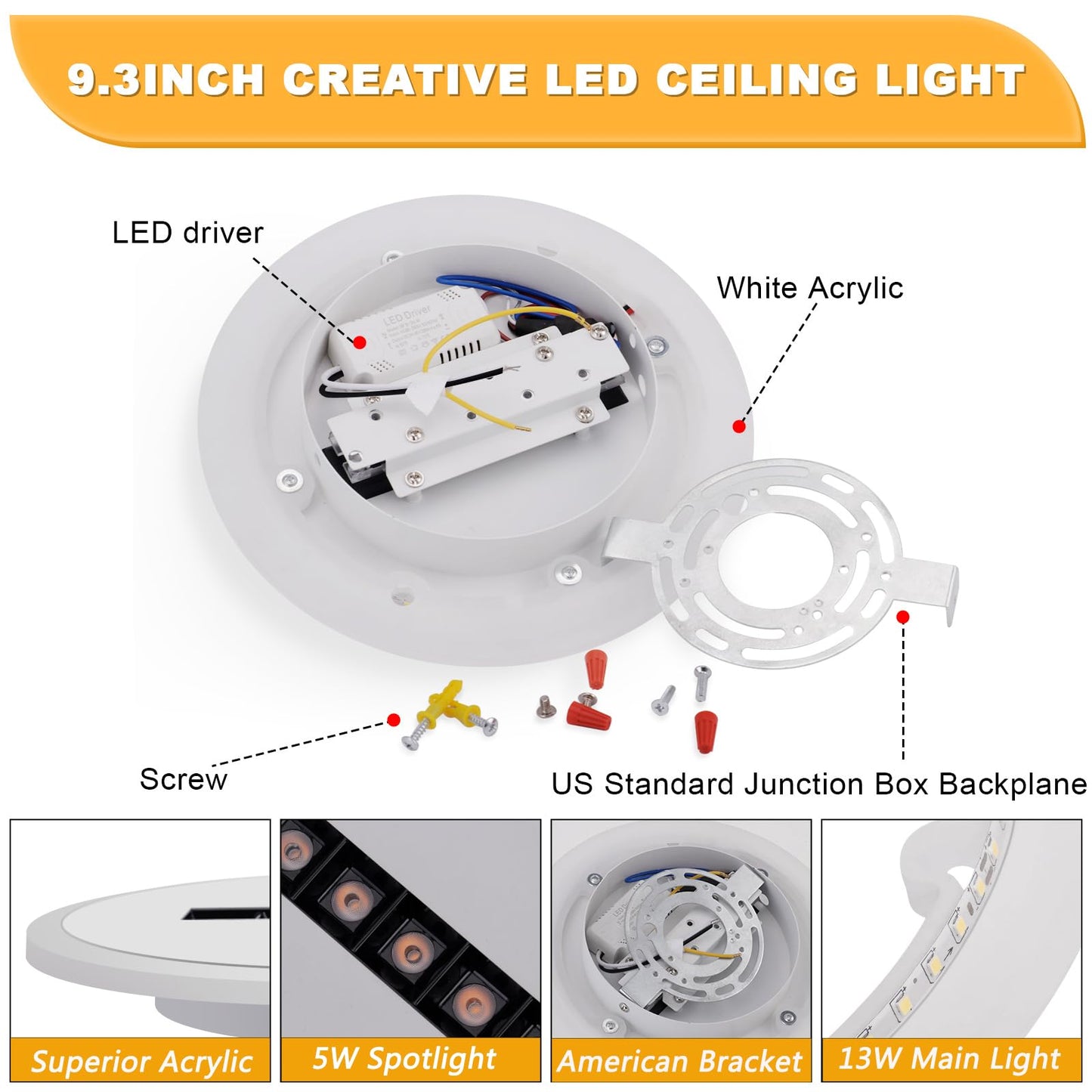 Kawell Creative 13W Close to Ceiling Light with 5W Spotlight 9.4 Inch LED Ceiling Light Hardwired Acrylic LED Ceiling Lamp Indoor for Hallway Bedroom Study Living Room, White(Cold White)