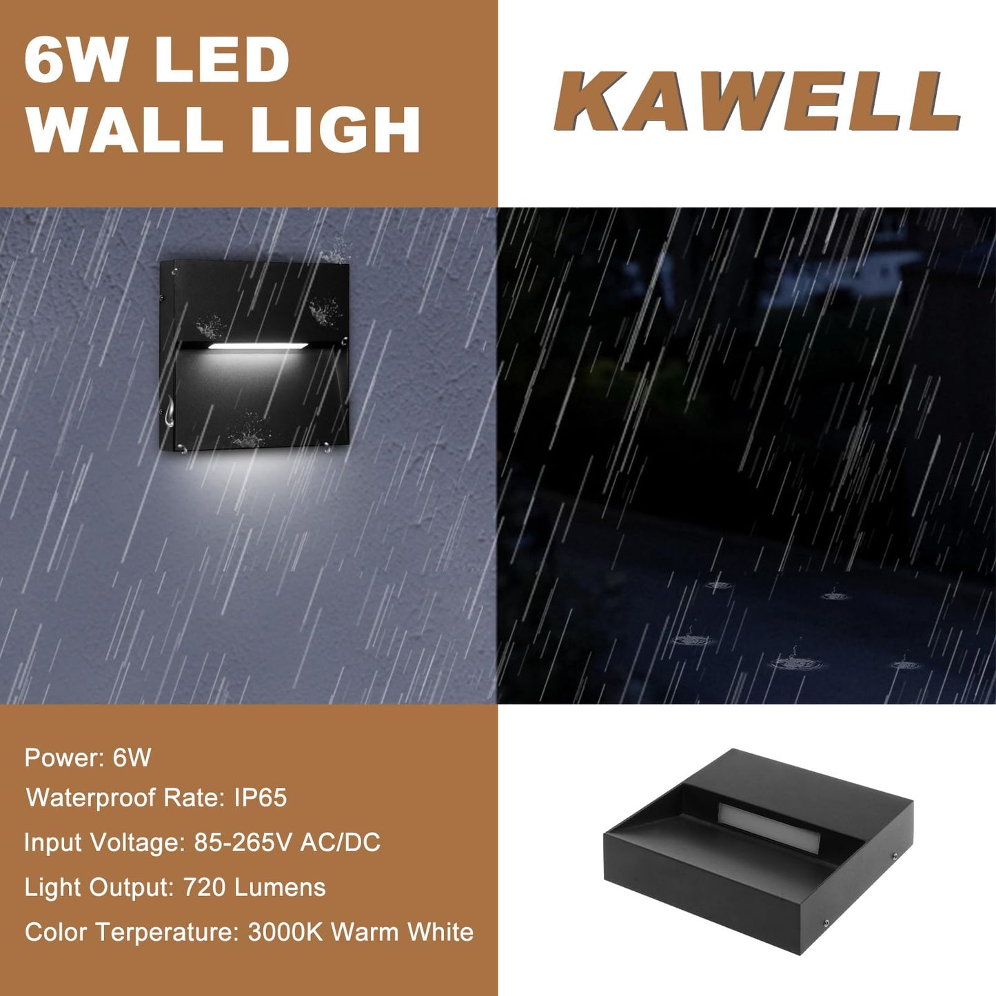 Kawell Modern 6W LED Wall Sconce Square Waterproof LED Wall Light Hardwired Aluminum LED Wall Lamp Indoor for Porch Patio Hallway Stair, 6000K