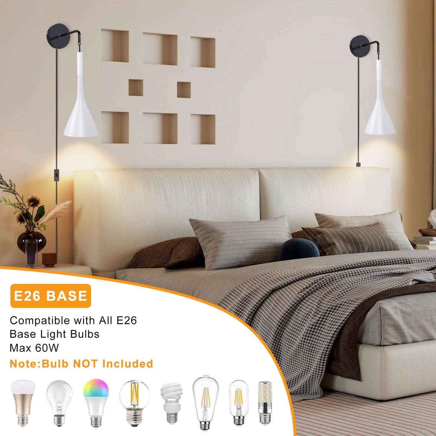 Kawell Plug in Wall Lamp with Cord Modern Hanging Wall Light Fixture Indoor Hardwired Wall Sconce Adjustable Hanging Height for Bedside Living Room Study, White